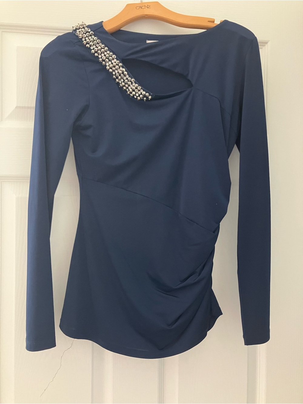 Cache Navy Long Sleeve Top with Beaded Shoulder Detail